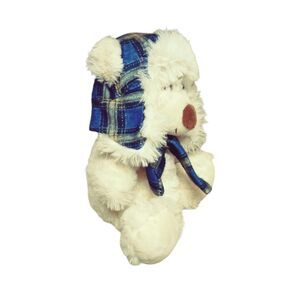 Plush Winter Teddy Bear Blue Plaid Trapper Hat Scarf Stuffed Animal 8" Holiday